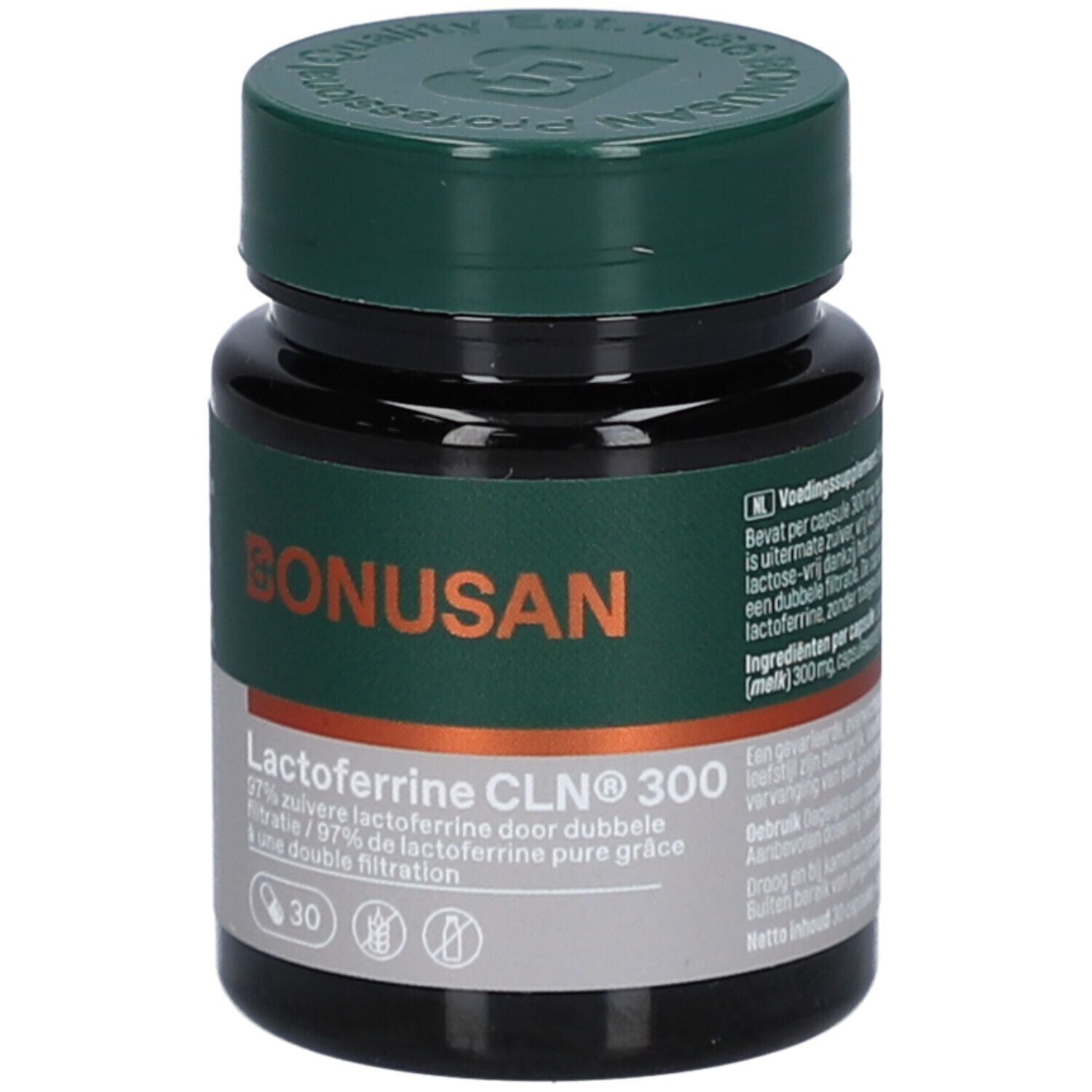 Flacon foncé, bouchon vert. Inscription: Bonusan, Lactoferrine CLN 300, 30 gélules. Double filtration.