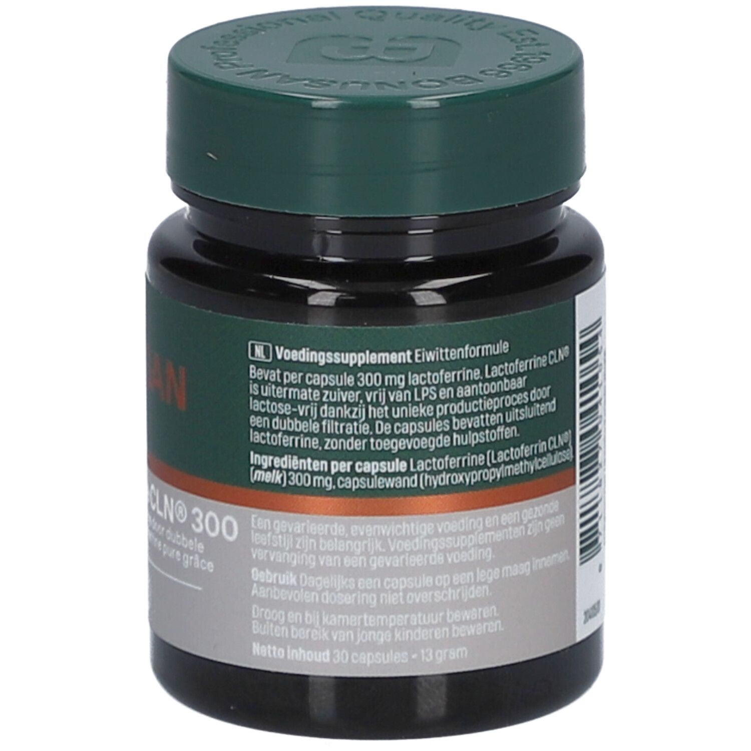 Dos du flacon. Texte: Complément alimentaire. Contient 300mg de lactoferrine par capsule. Ingrédients et instructions.
