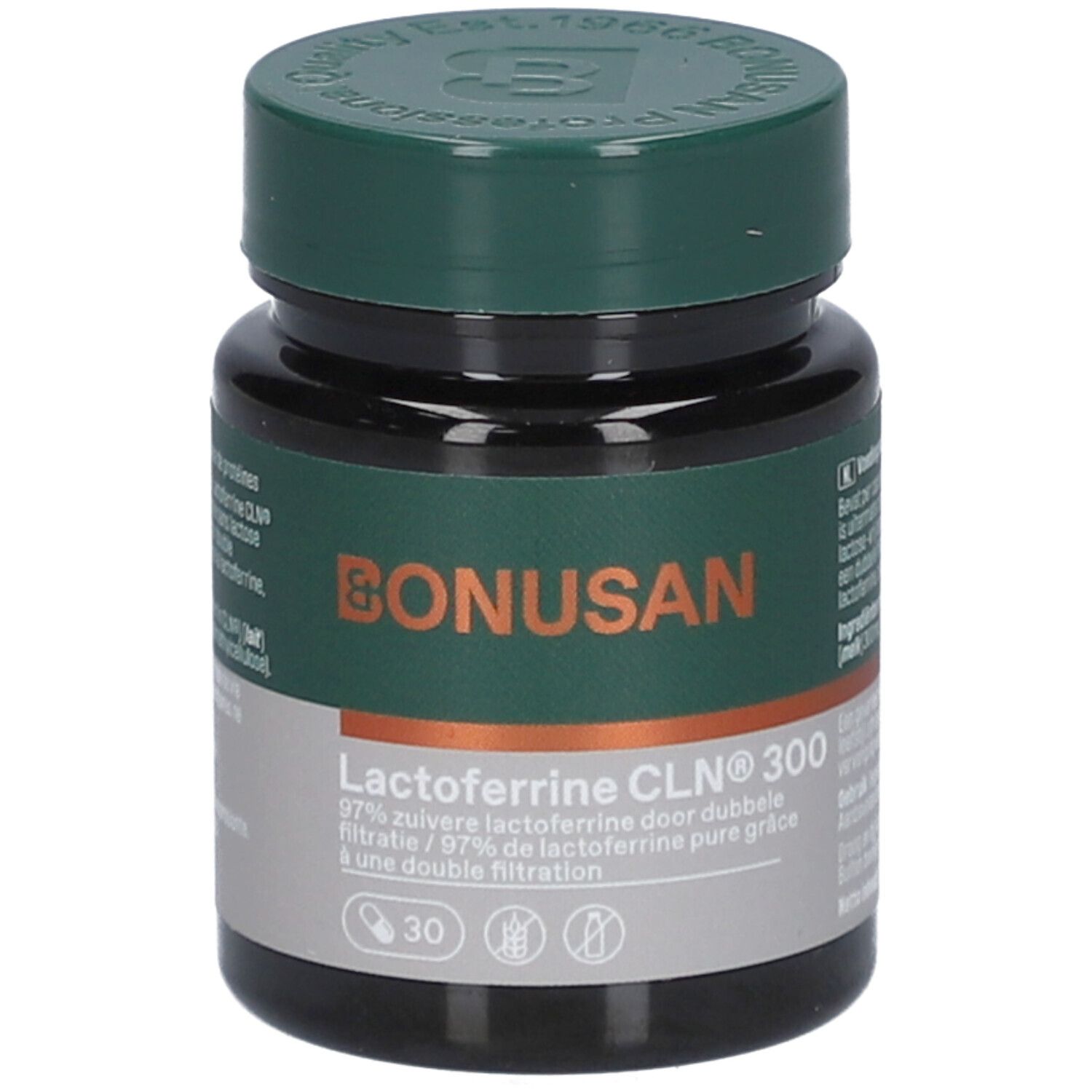 Flacon foncé, bouchon vert. Inscription: Bonusan, Lactoferrine CLN 300, 30 gélules. Double filtration.