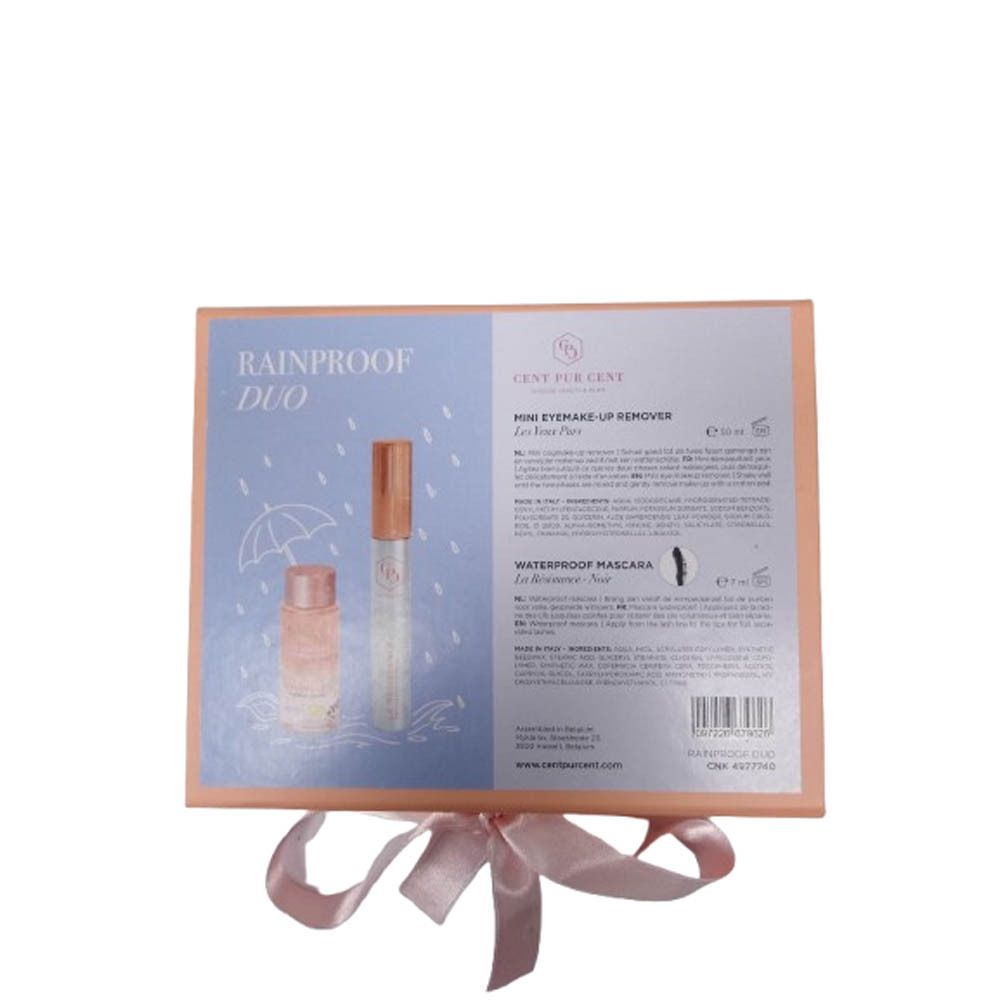 Dos du coffret cadeau. Texte: Rainproof Duo. Illustration de deux produits. Logo: Cent Pur Cent. Ruban rose.
