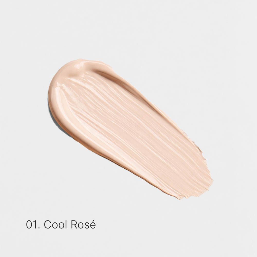 Flacon de fond de teint sérum Couleurs de Noir SPF30 01 Cool Rosé avec protection à large spectre et formule hydratante.