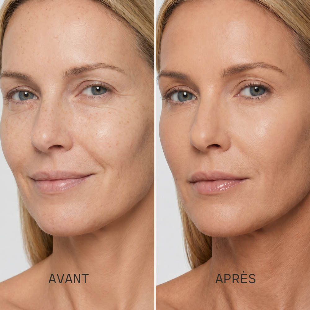 Image comparative : Avant/Après avec Couleurs de Noir Sérum Fond de Teint SPF30.
