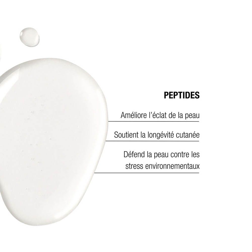 Gros plan de crème peptidique. Texte en français : Améliore l'éclat, protège du stress environnemental.