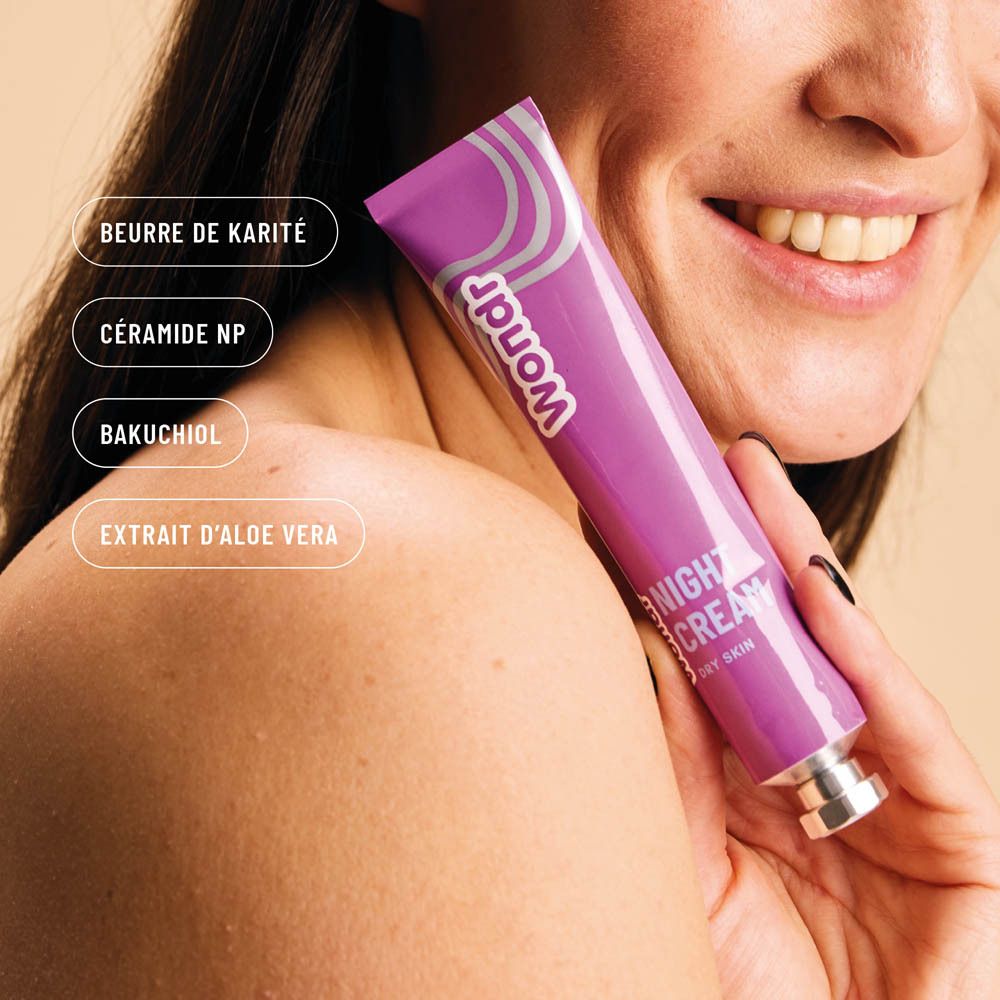 Femme tenant un tube lilas. Texte : "Wondr Night Cream Dry Skin".