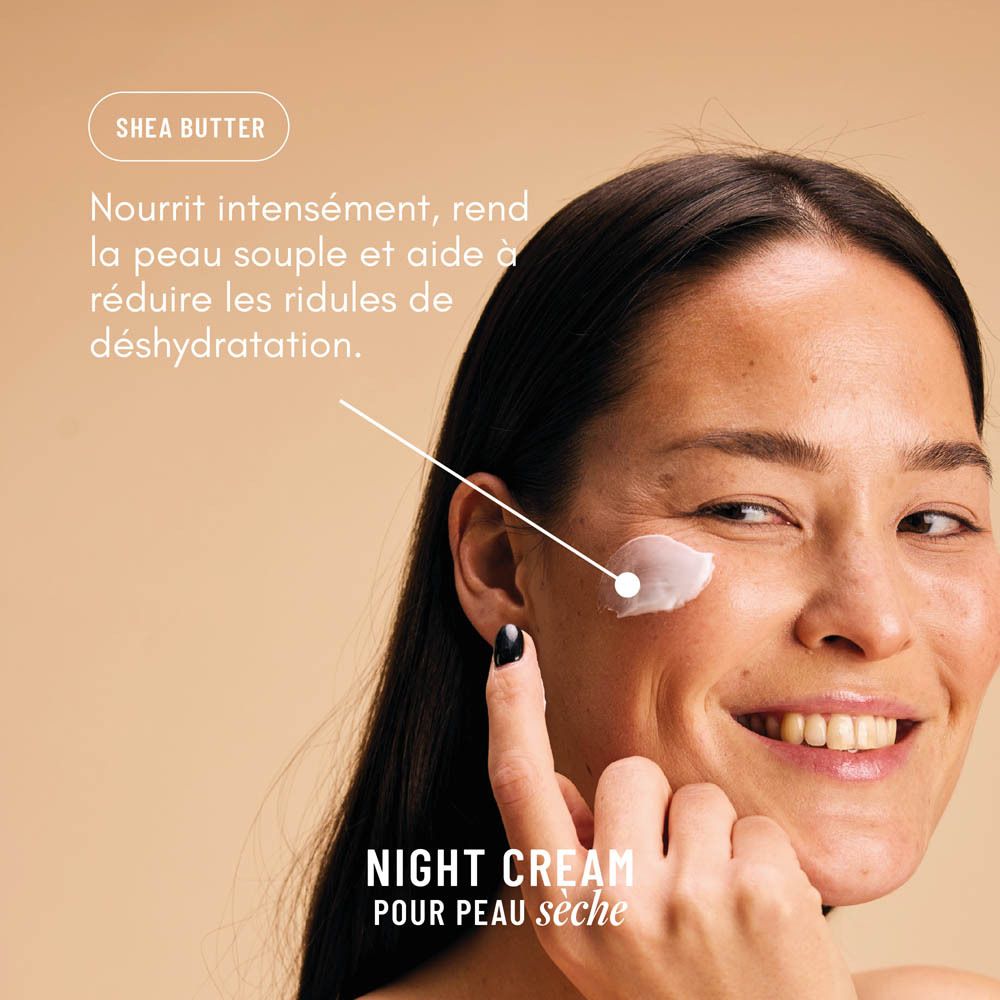 Gros plan d'une femme appliquant de la crème sur son visage. Texte : "Night Cream".