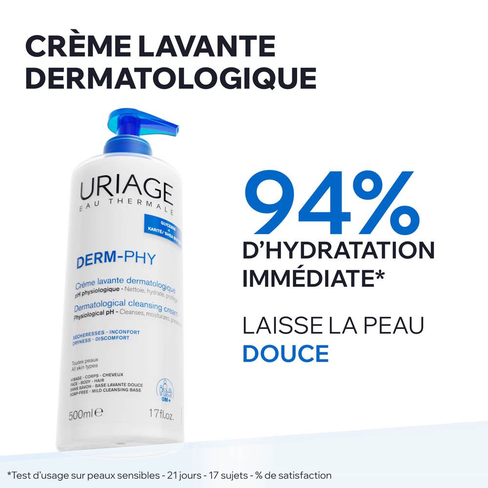 Arrière d'un tube Uriage Derm-Phy crème lavante avec informations produit.