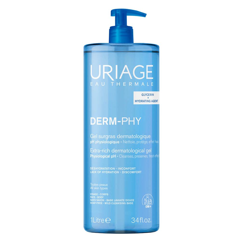 Flacon transparent avec pompe bleue. Inscriptions: URIAGE, DERM-PHY, Glycérine + Hydratant. 1 litre.