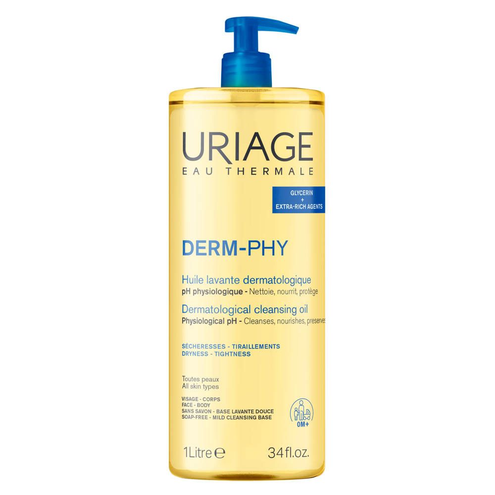 Flacon transparent avec pompe bleue. Inscriptions: Uriage, Derm-Phy, huile lavante dermatologique. Contient de la glycérine.