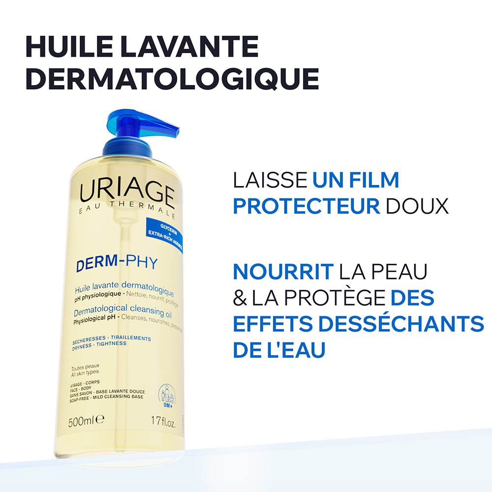 Produit sur la peau. Liquide qui coule. Texte: huile douce sans savon, pH physiologique.