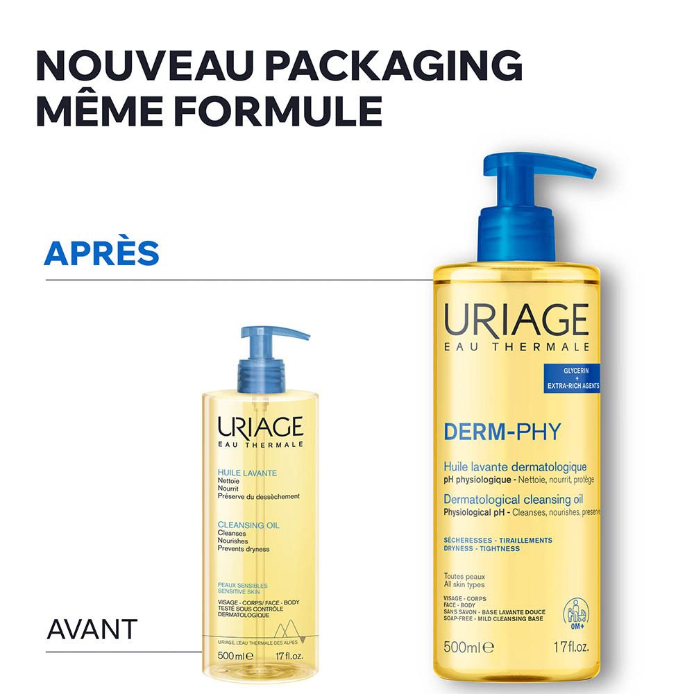 Flacon Uriage Derm-Phy. Texte: Huile lavante dermatologique. Laisse un film.