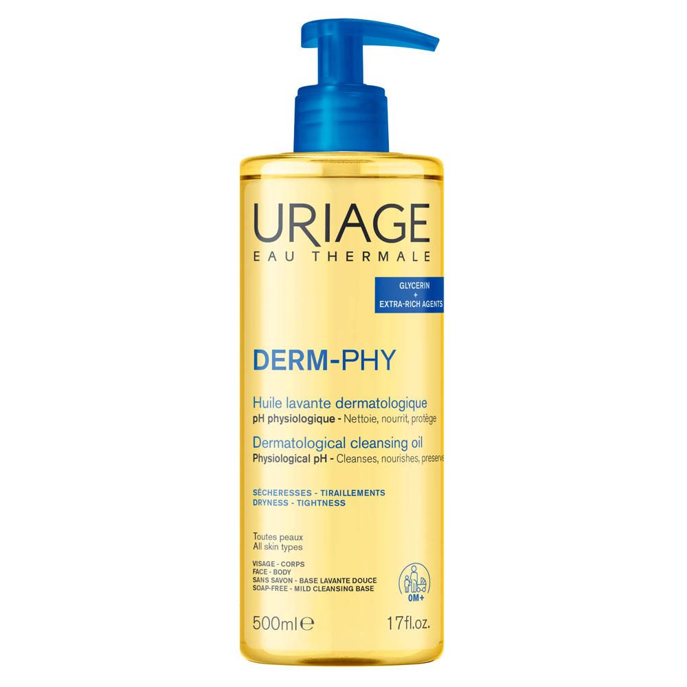 Uriage Derm-Phy huile lavante. Liquide jaune dans flacon transparent avec pompe bleue. Étiquette produit visible.