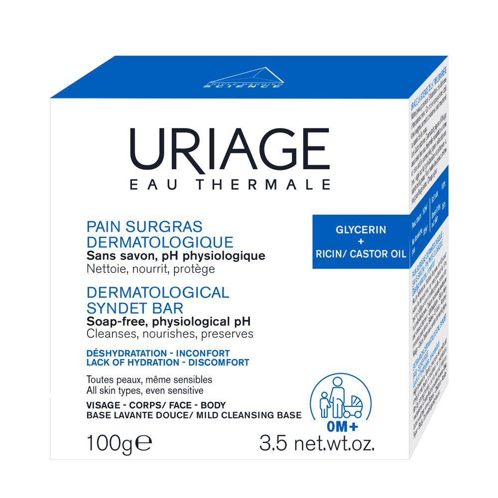 Pain surgras dermatologique Uriage, 100g. Sans savon, pH physiologique. Pour tous types de peaux.