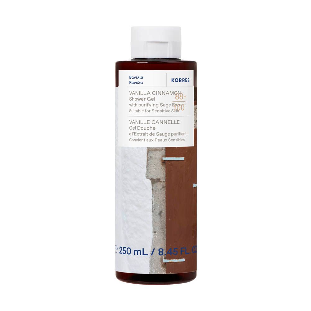 Gel douche Korres, vanille-cannelle. Flacon marron, bouchon blanc. Inscriptions: 88+ 100, 250 ml.
