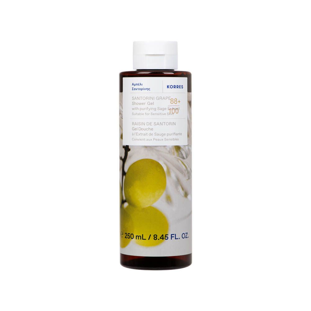 Gel douche KORRES Santorini Grape, 250 ml. Flacon transparent avec bouchon blanc. Illustration de raisin.