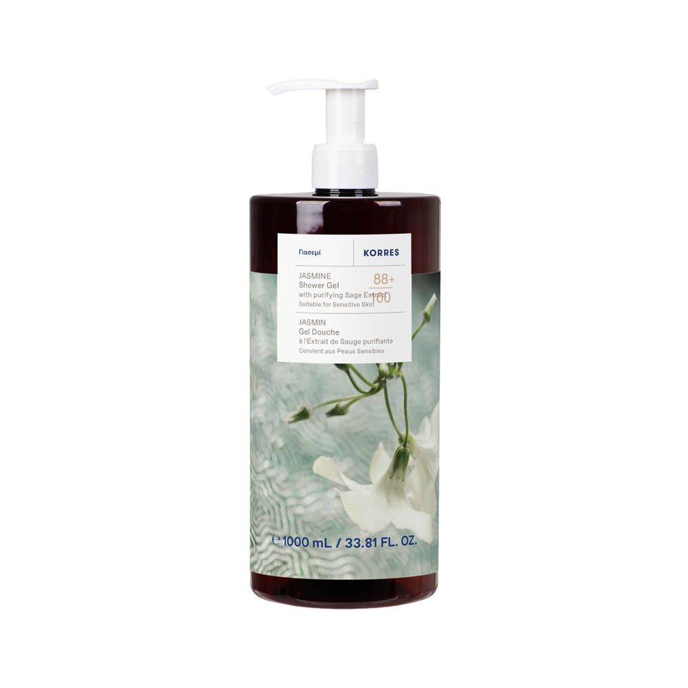 Korres KB Jasmine Gel Douche. Flacon marron avec pompe blanche. Étiquette avec informations produit et illustration de jasmin.