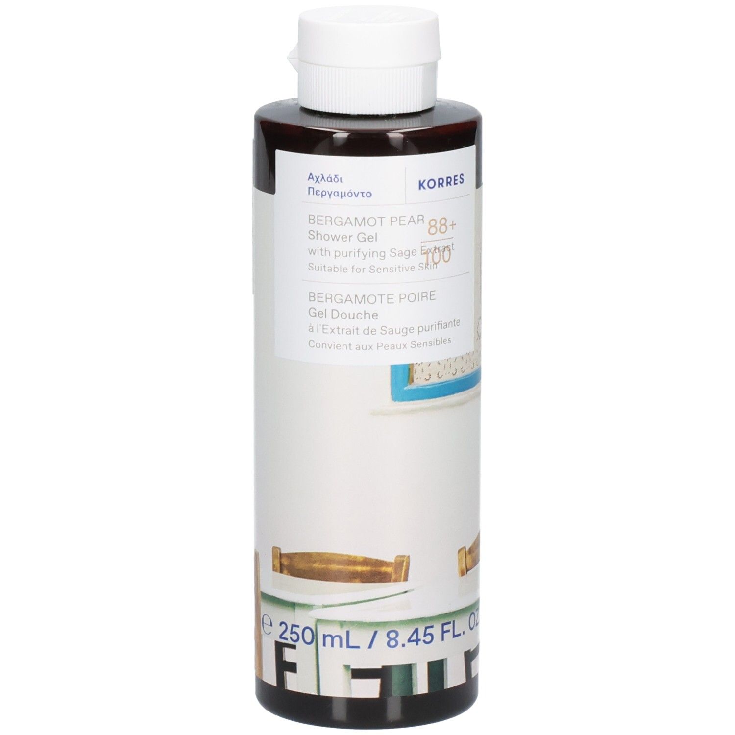 Flacon marron, bouchon blanc. Gel douche Bergamote Poire. Marque Korres. 250 ml.