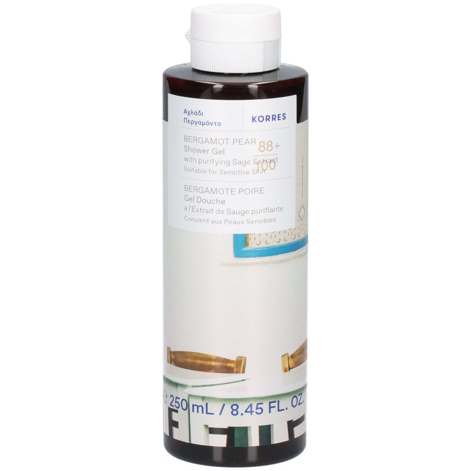 Flacon marron, bouchon blanc. Gel douche Bergamote Poire. Marque Korres. 250 ml.
