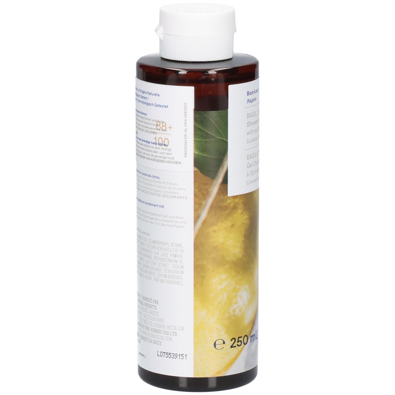 Vue arrière d'une bouteille marron avec bouchon blanc. Étiquette avec texte. Quantité: 250 ml.