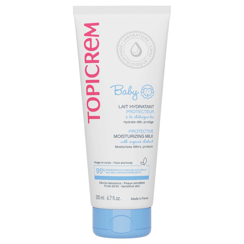 Tube blanc avec texte rose et bleu. Inscription : Topicrem Baby Lait Hydratant Protecteur. 95% d'ingrédients d'origine naturelle.