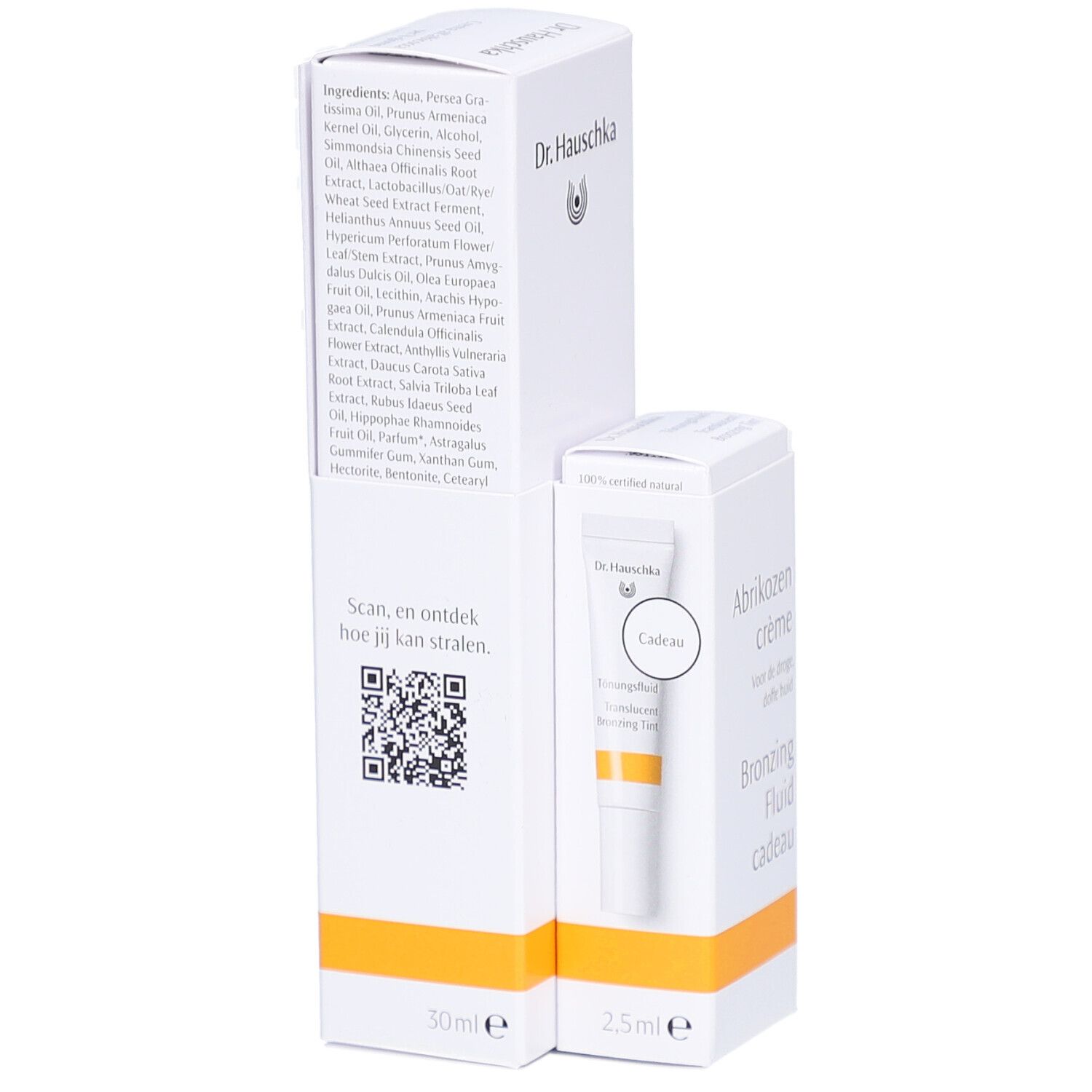 Emballage blanc avec nom du produit et logo. Contient une crème et un fluide bronzant. Ingrédients et code QR.