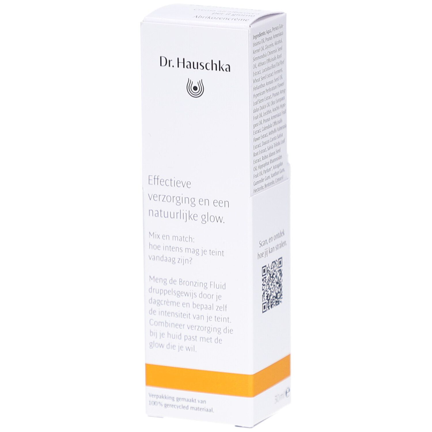 Emballage blanc avec nom du produit et logo. Contient une crème et un fluide bronzant. Texte sur les soins.