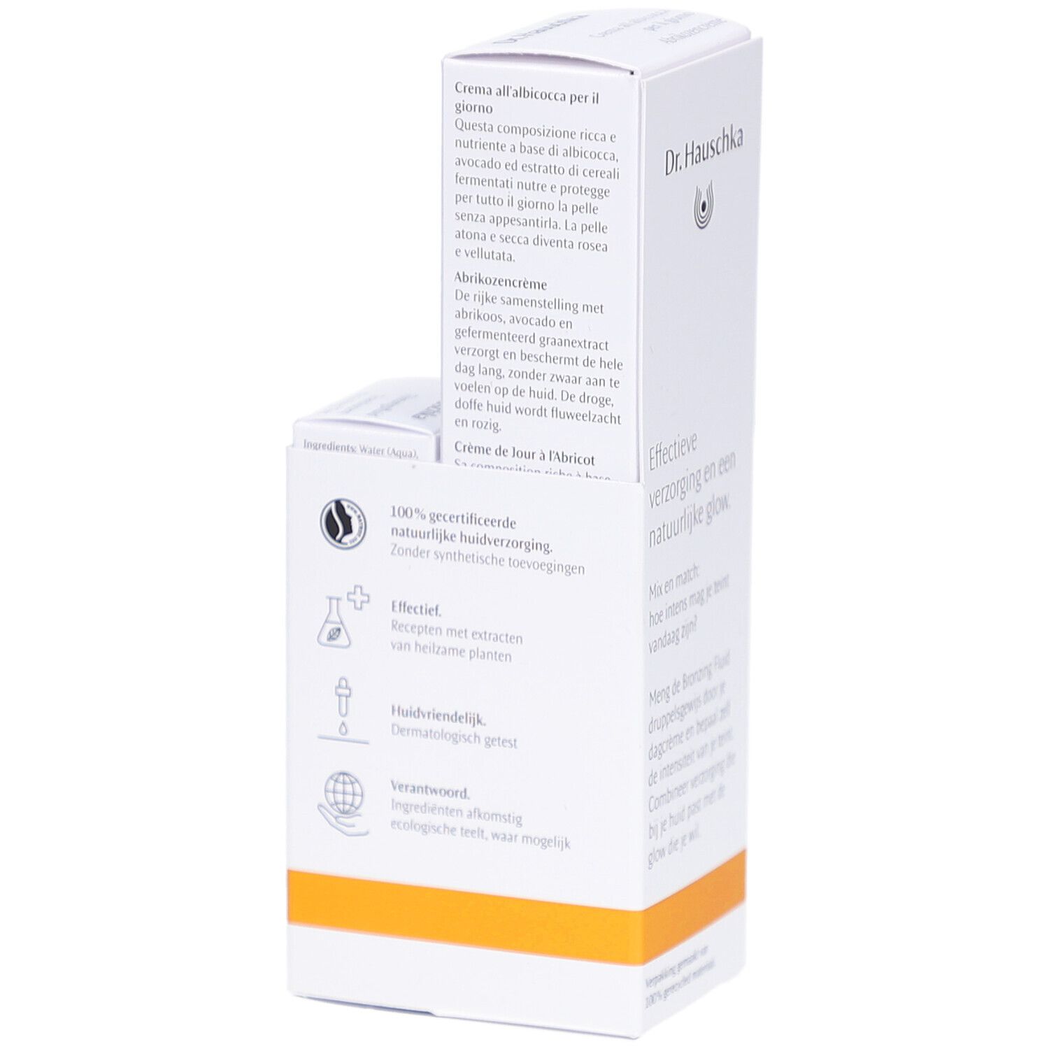 Emballage blanc avec nom du produit et logo. Contient une crème et un fluide bronzant. Texte sur les ingrédients.