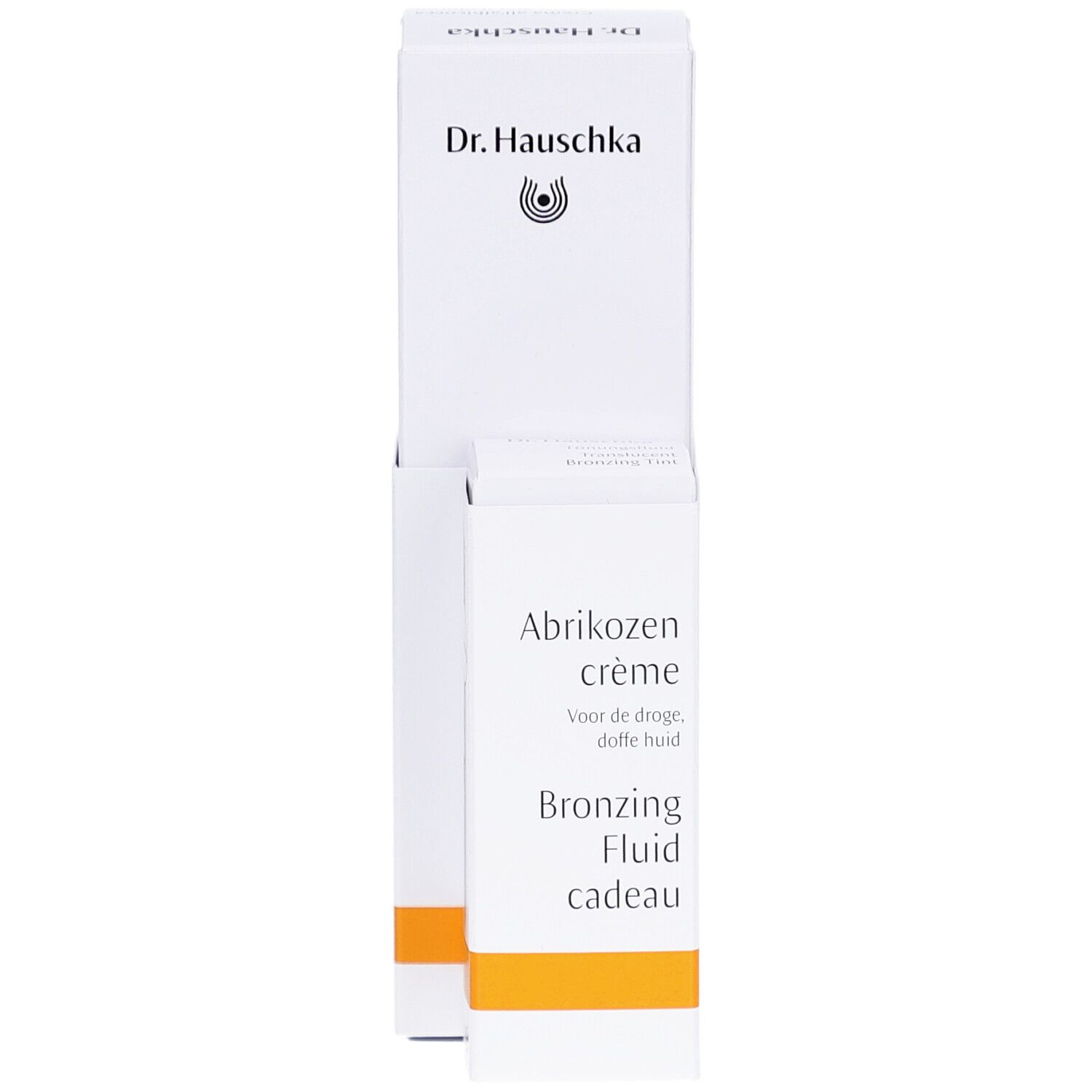 Emballage blanc avec nom du produit et logo. Contient une crème et un fluide bronzant. Accent orange.