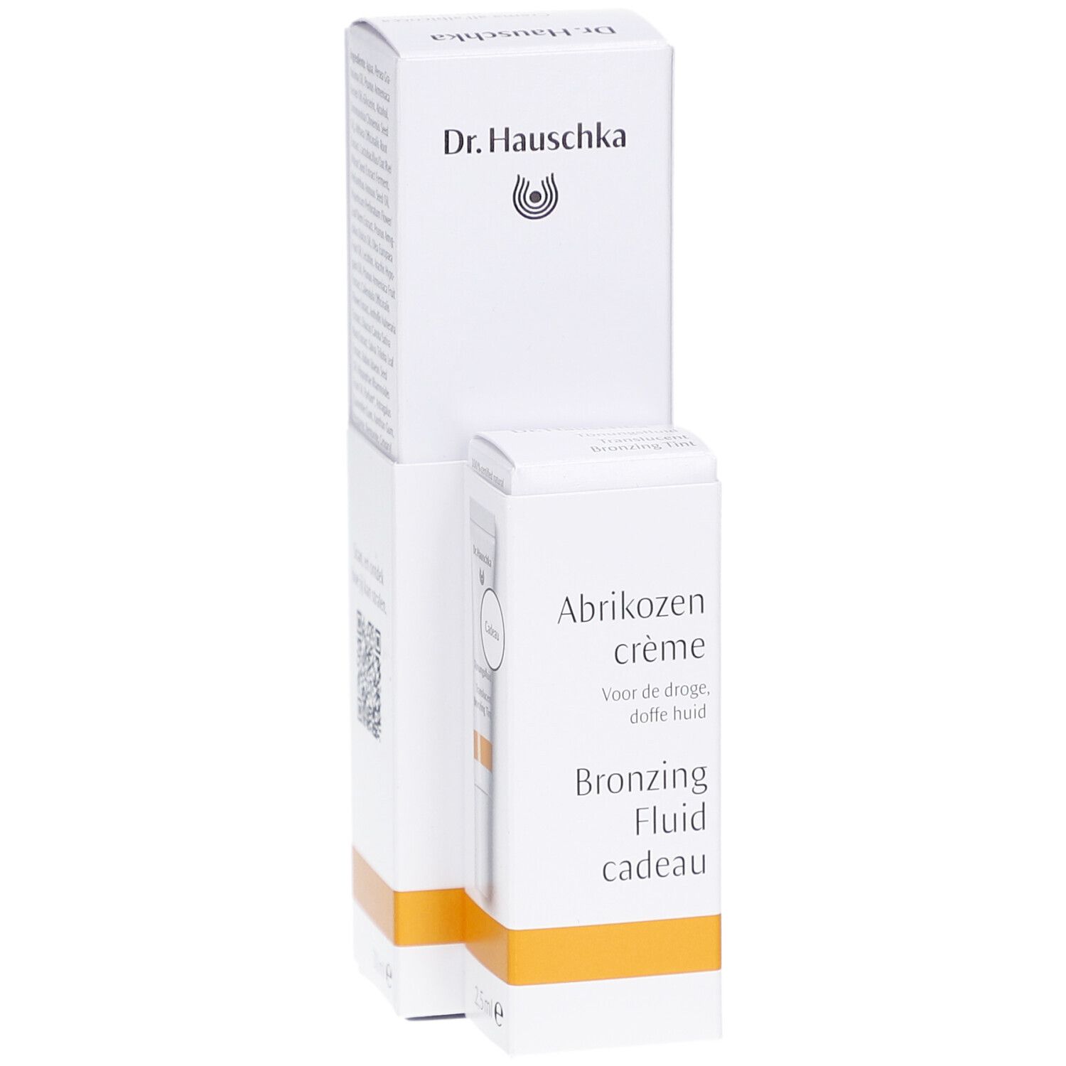 Emballage blanc avec nom du produit et logo. Contient une crème et un fluide bronzant. Accent orange.