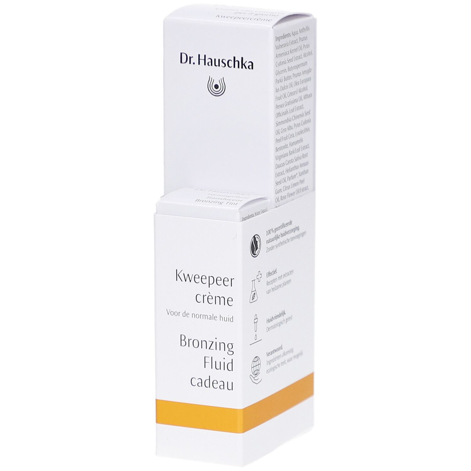 Emballage blanc avec texte et logo. Inscription: Kweepeer crème, Bronzing Fluid cadeau. Marque: Dr. Hauschka.