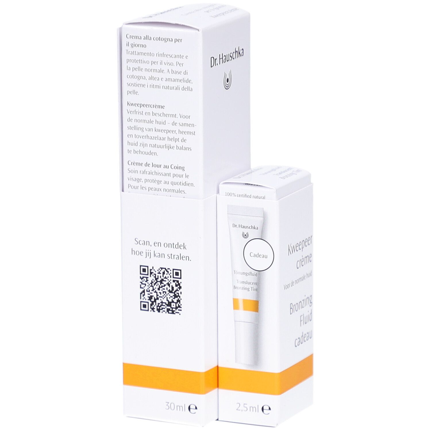 Emballage blanc avec texte et logo. Inscription: Kweepeer crème, Bronzing Fluid cadeau. Marque: Dr. Hauschka. QR code.