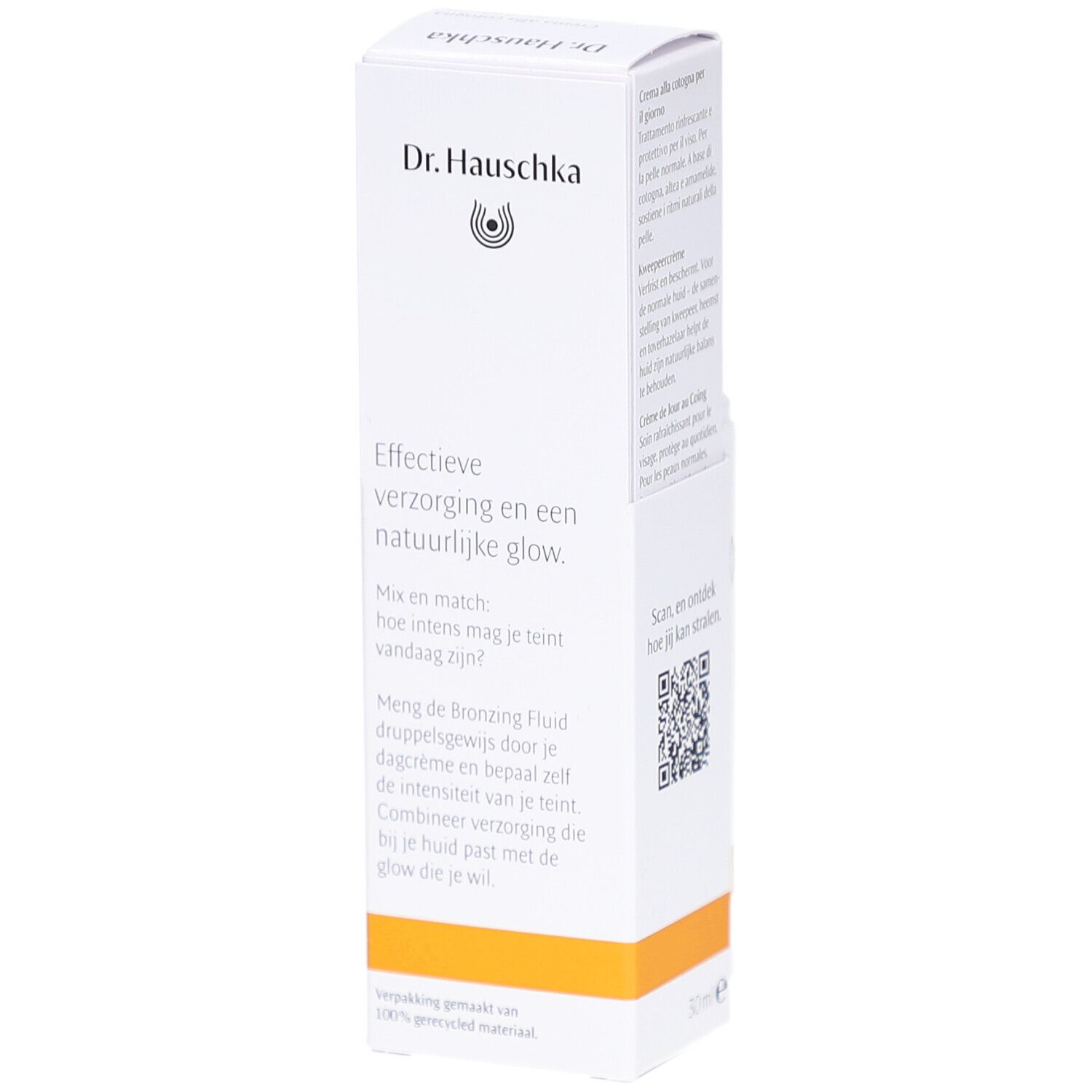 Emballage blanc avec texte et logo. Inscription: Effektieve verzorging en een natuurlijke glow. Marque: Dr. Hauschka. QR code.