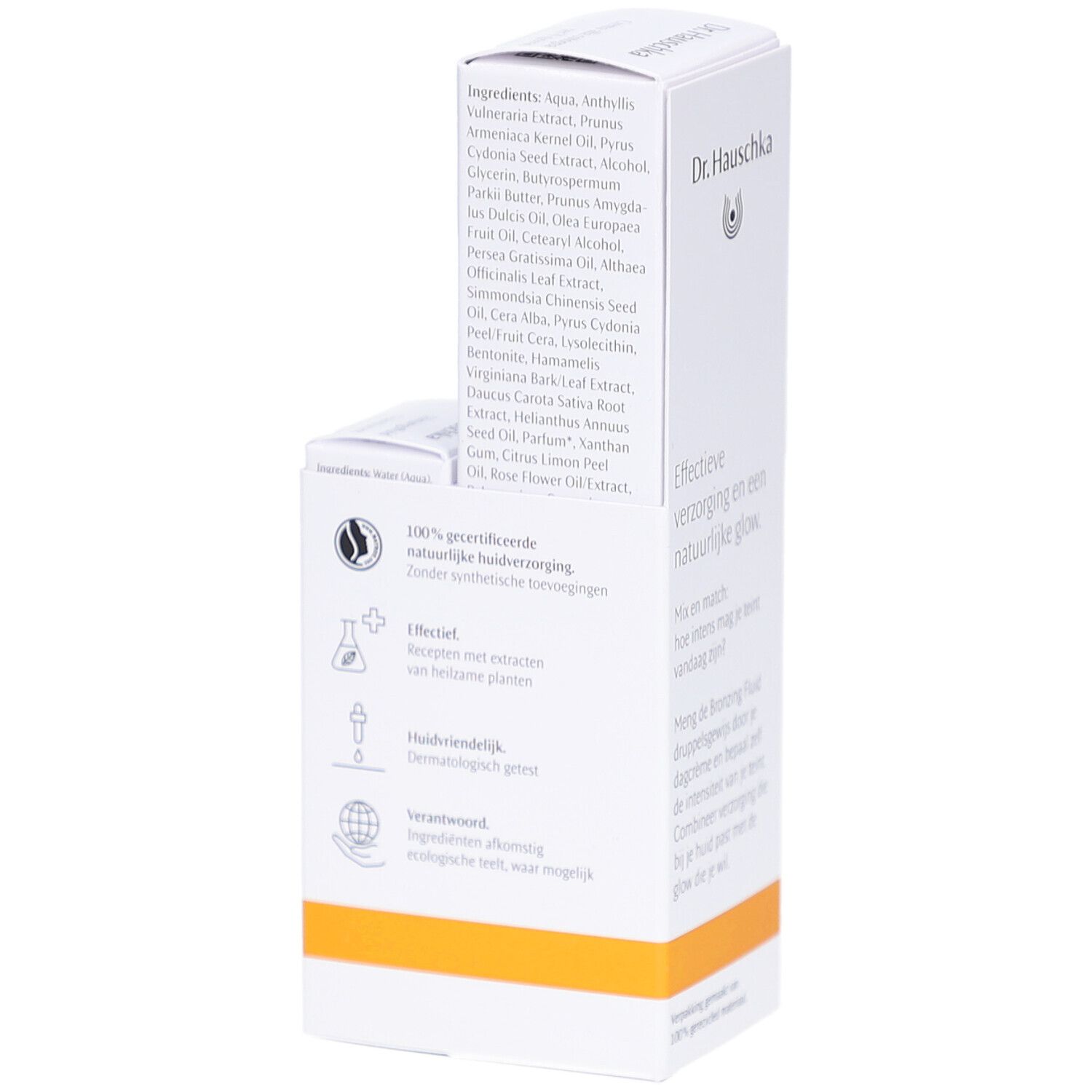 Emballage blanc avec texte et logo. Inscription: Ingrédients, 100% zertifizierte natürliche huidverzorging. Marque: Dr. Hauschka.