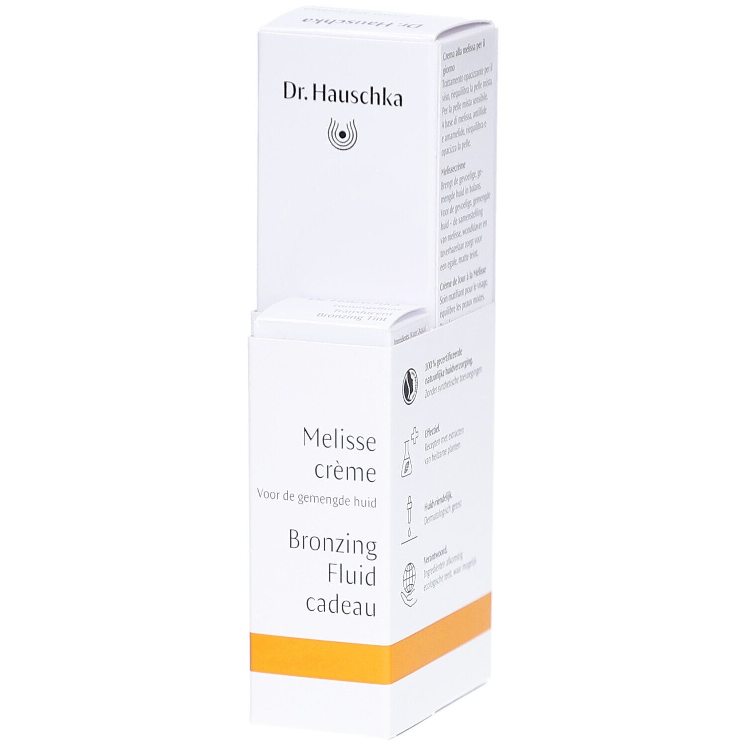 Emballage blanc avec nom du produit et logo. Contient une petite boîte orange avec le produit. Texte en néerlandais.