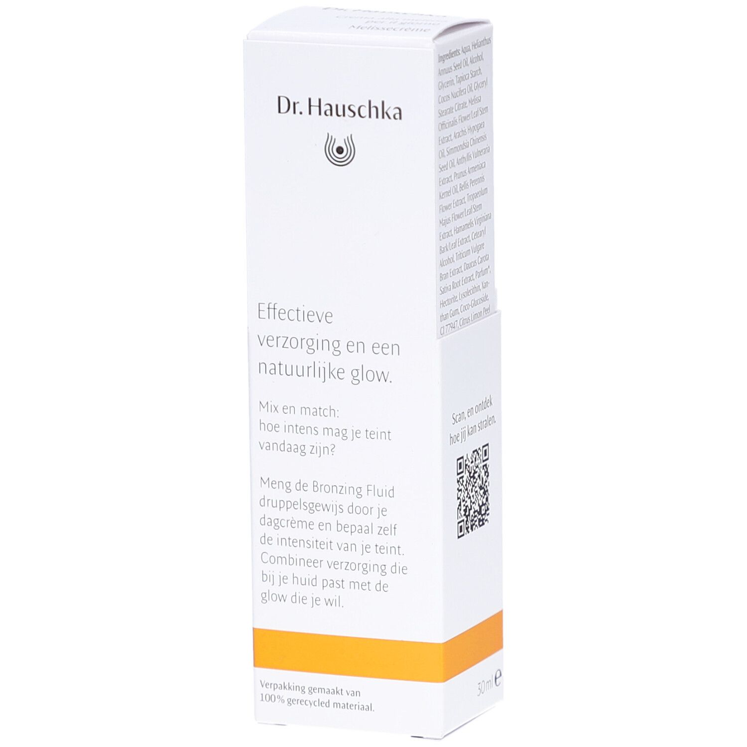 Emballage blanc avec description du produit et code QR. Contient une petite boîte avec le produit. Texte en néerlandais.