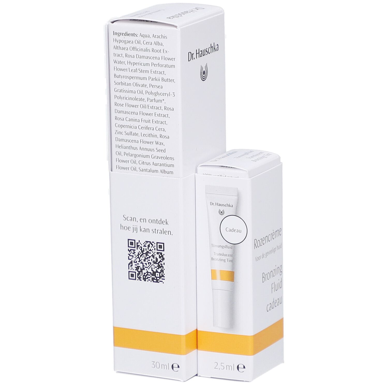 Emballage blanc avec ingrédients et QR code. Petit produit: 2,5 ml. Texte: Rozencrème, Bronzing Fluid cadeau.