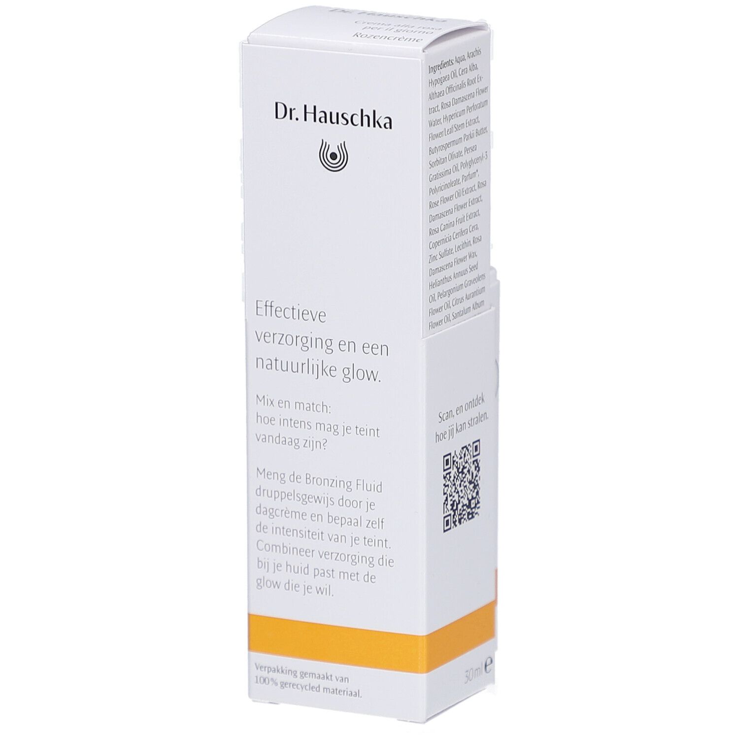 Emballage blanc Dr. Hauschka. Texte: Effektieve verzorging en een natuurlijke glow. QR code. 50 ml.