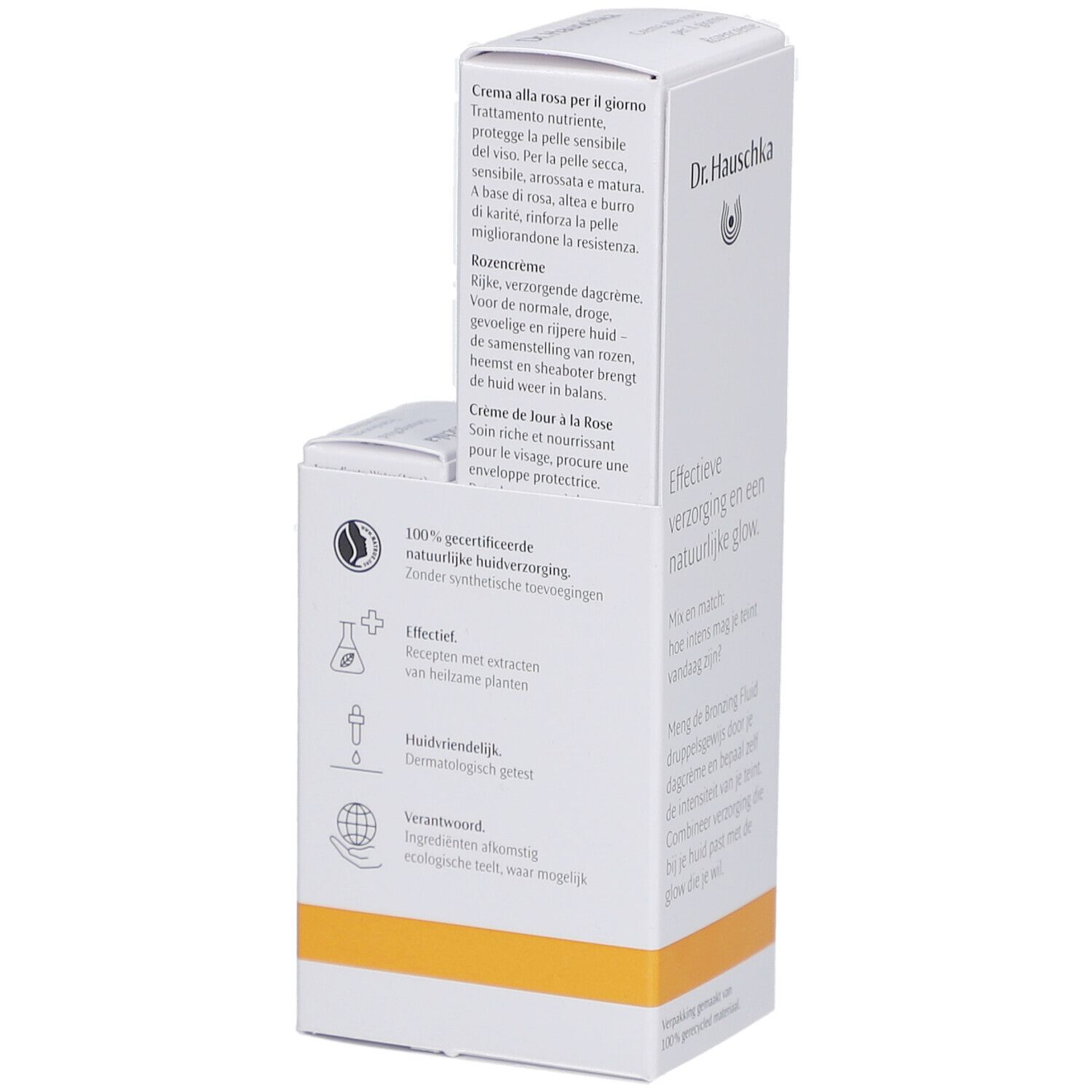 Emballage blanc avec texte multilingue. Texte: Crème de jour à la Rose, Effektieve verzorging. Icônes.