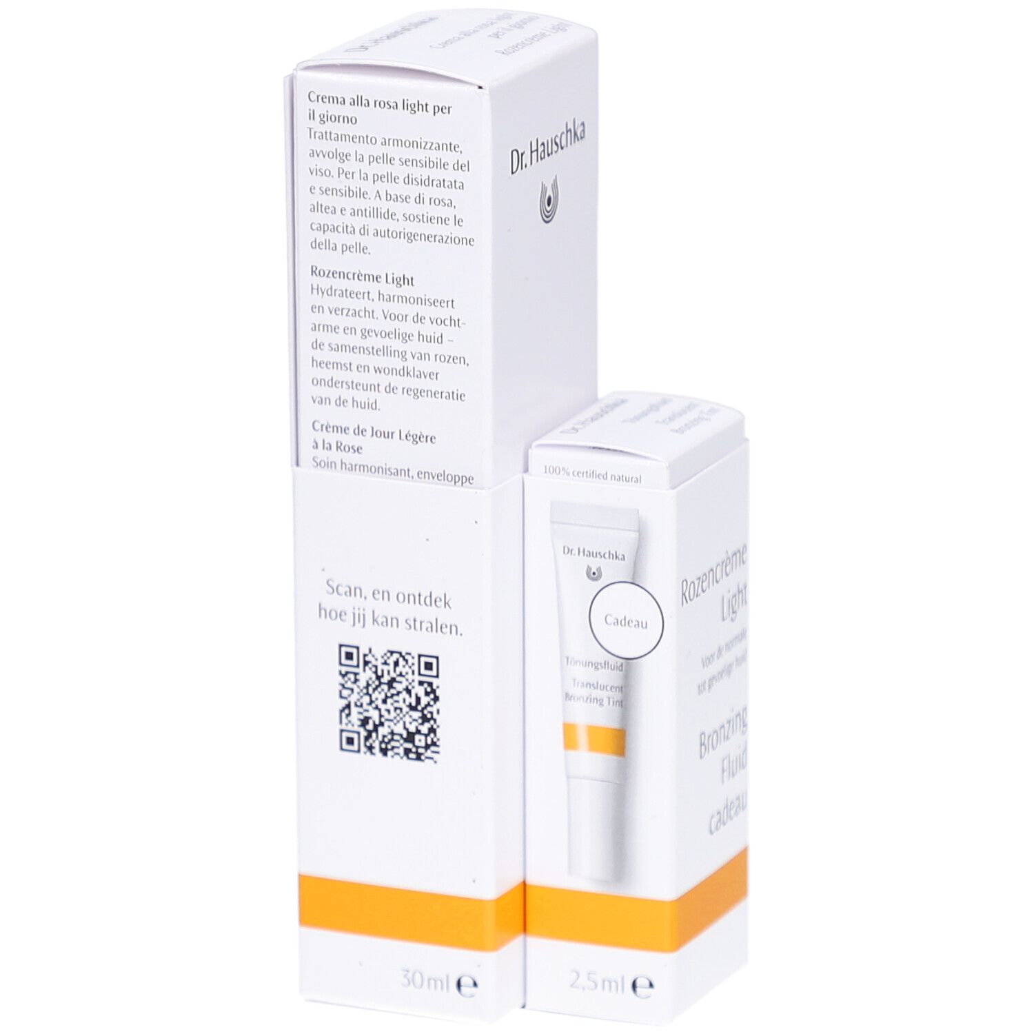 Emballage blanc avec texte et QR code. Inscription: Dr. Hauschka, Rozencrème Light, Bronzing Fluid. 30ml et 2.5ml.