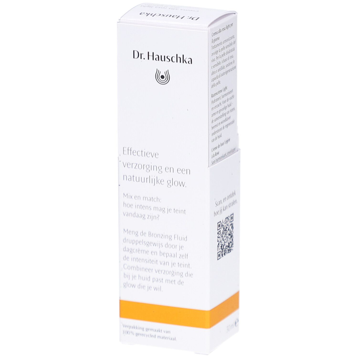 Emballage blanc avec texte. Inscription: Dr. Hauschka, Effektieve verzorging en een natuurlijke glow. QR-code.