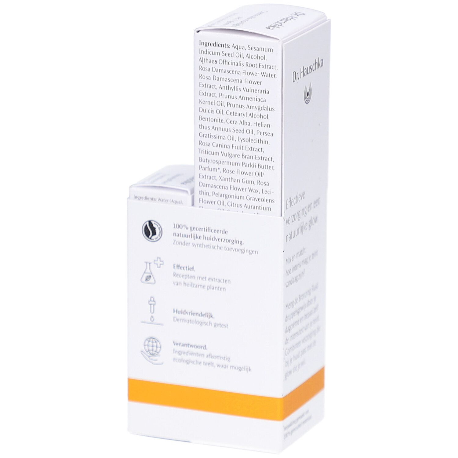 Emballage blanc avec texte. Inscription: Dr. Hauschka, Ingrédients, 100% ingrédients naturels, testé dermatologiquement.