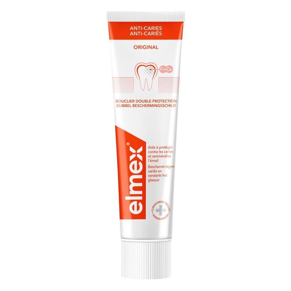 Tube de dentifrice Elmex Anti-Caries Original, design rouge et blanc. Montre une illustration de dent avec un bouclier protecteur.