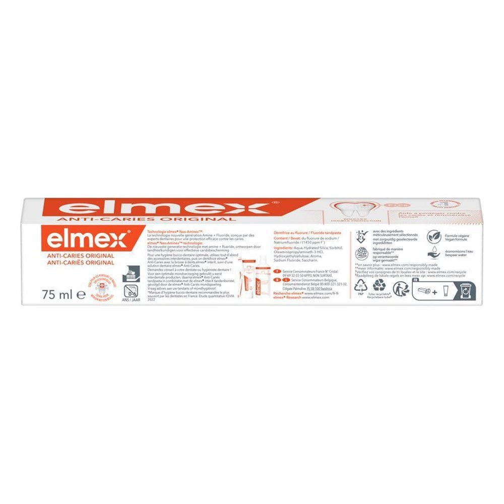 Emballage de dentifrice Elmex Anti-Caries Original. Affiche des informations produit, des ingrédients et des instructions.