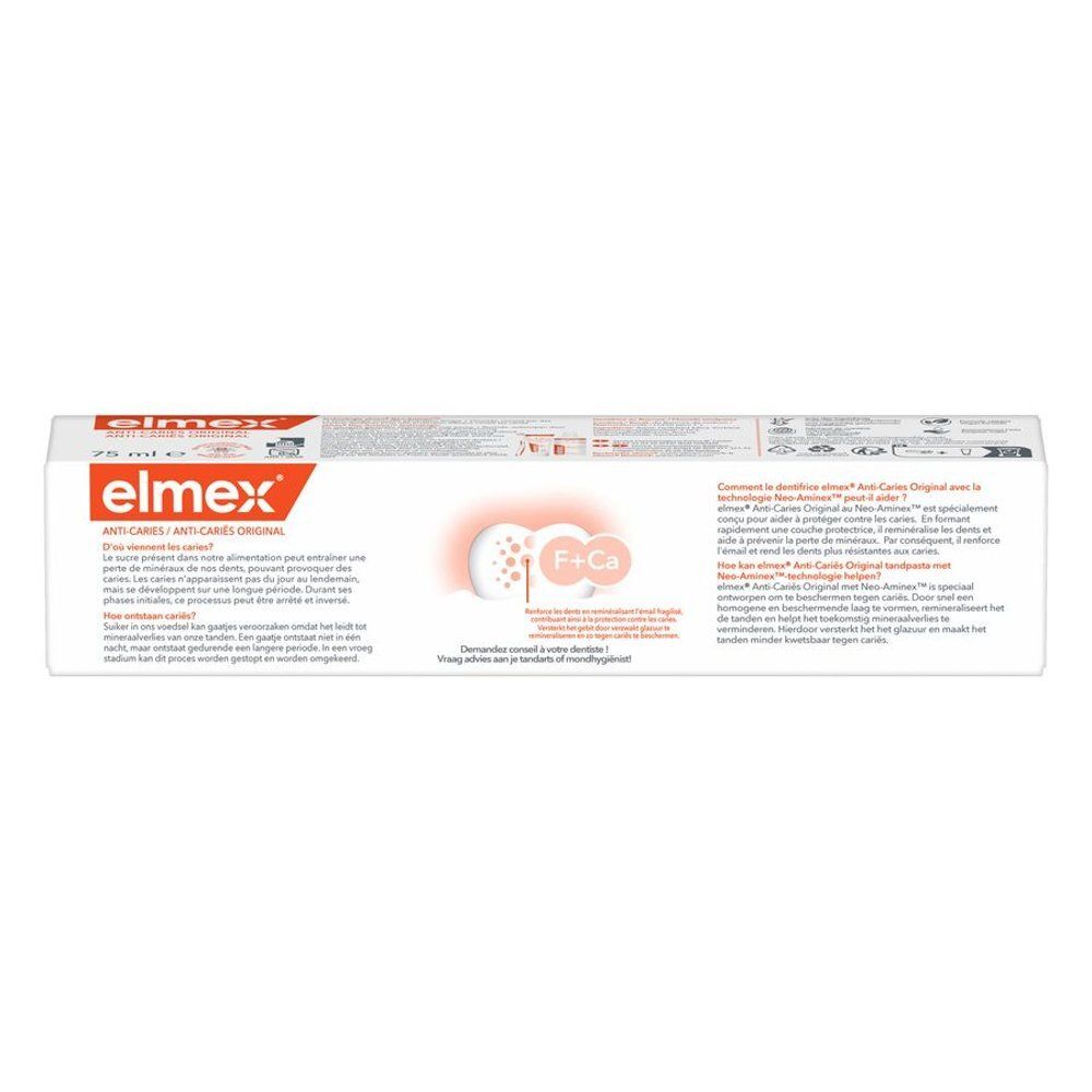 Emballage de dentifrice Elmex Anti-Caries Original. Montre une illustration de dent avec protection F+Ca et du texte.