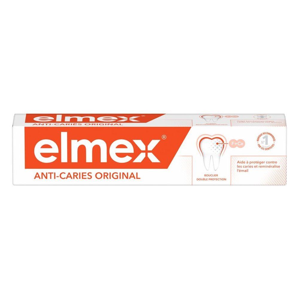 Emballage de dentifrice Elmex Anti-Caries Original. Montre une illustration de dent avec un bouclier protecteur et du texte.