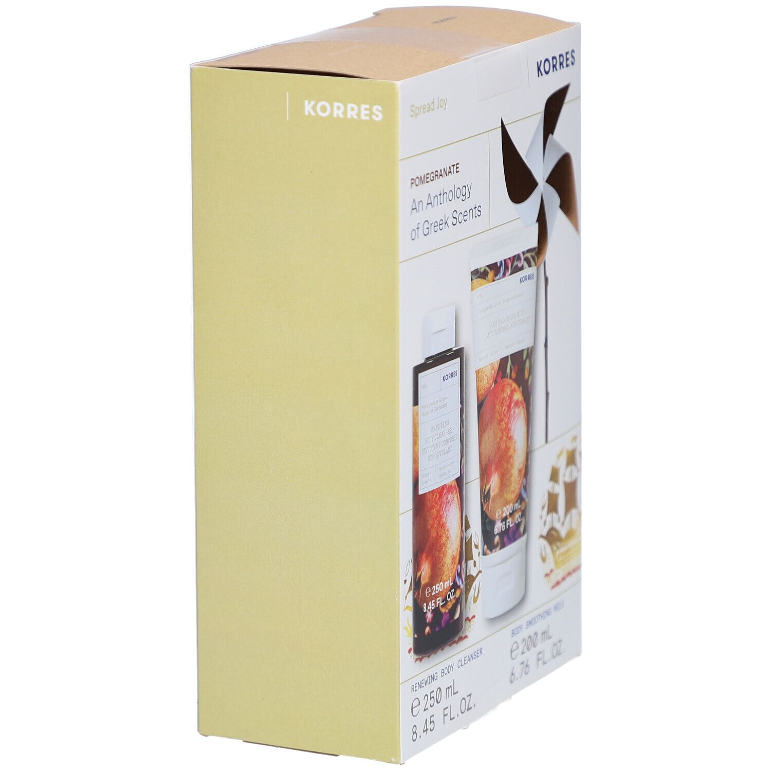 Vue latérale du coffret KORRES. Contient deux produits. Couleurs beige et or. Marque KORRES.