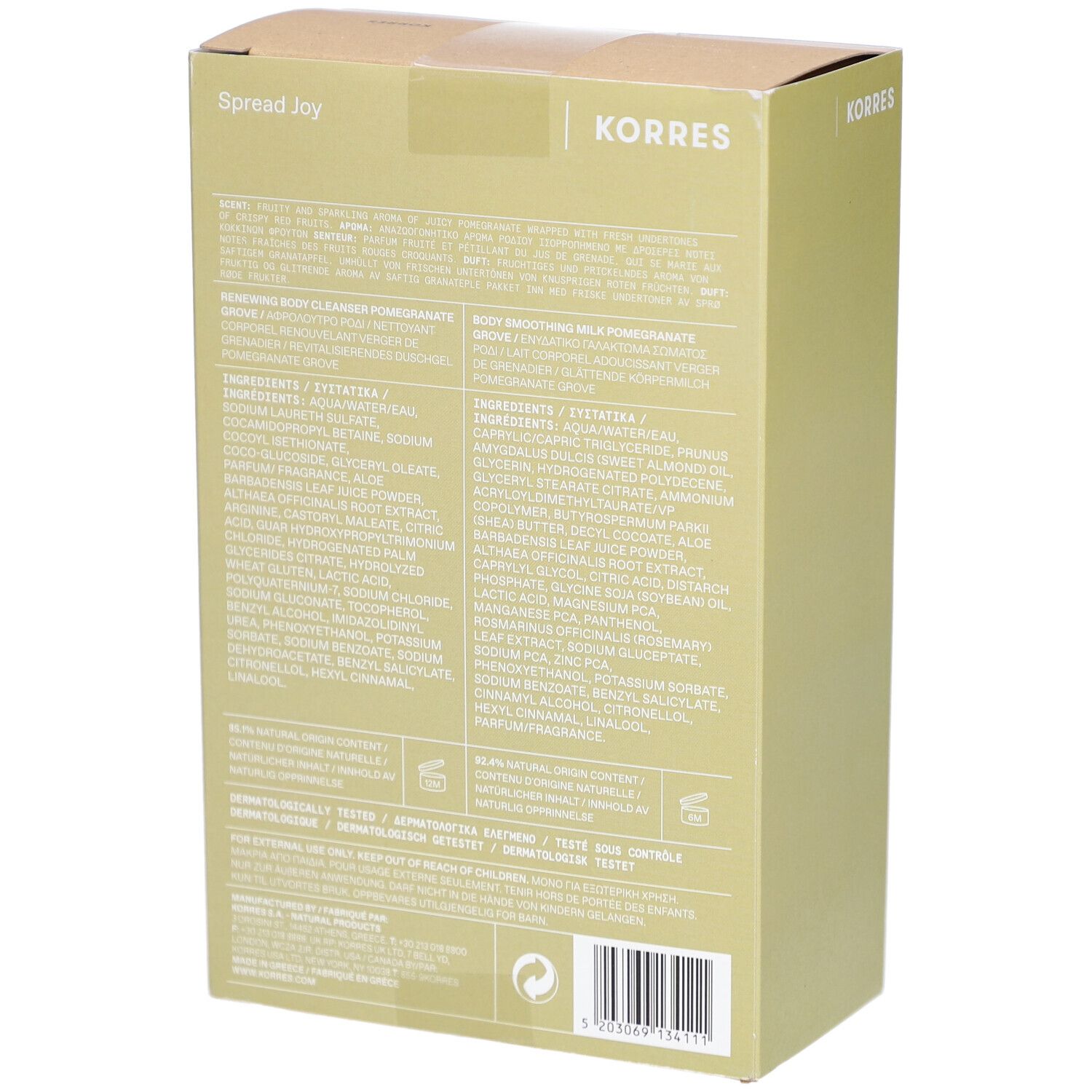 Dos du coffret KORRES. Texte multilingue. Ingrédients et informations sur le produit.