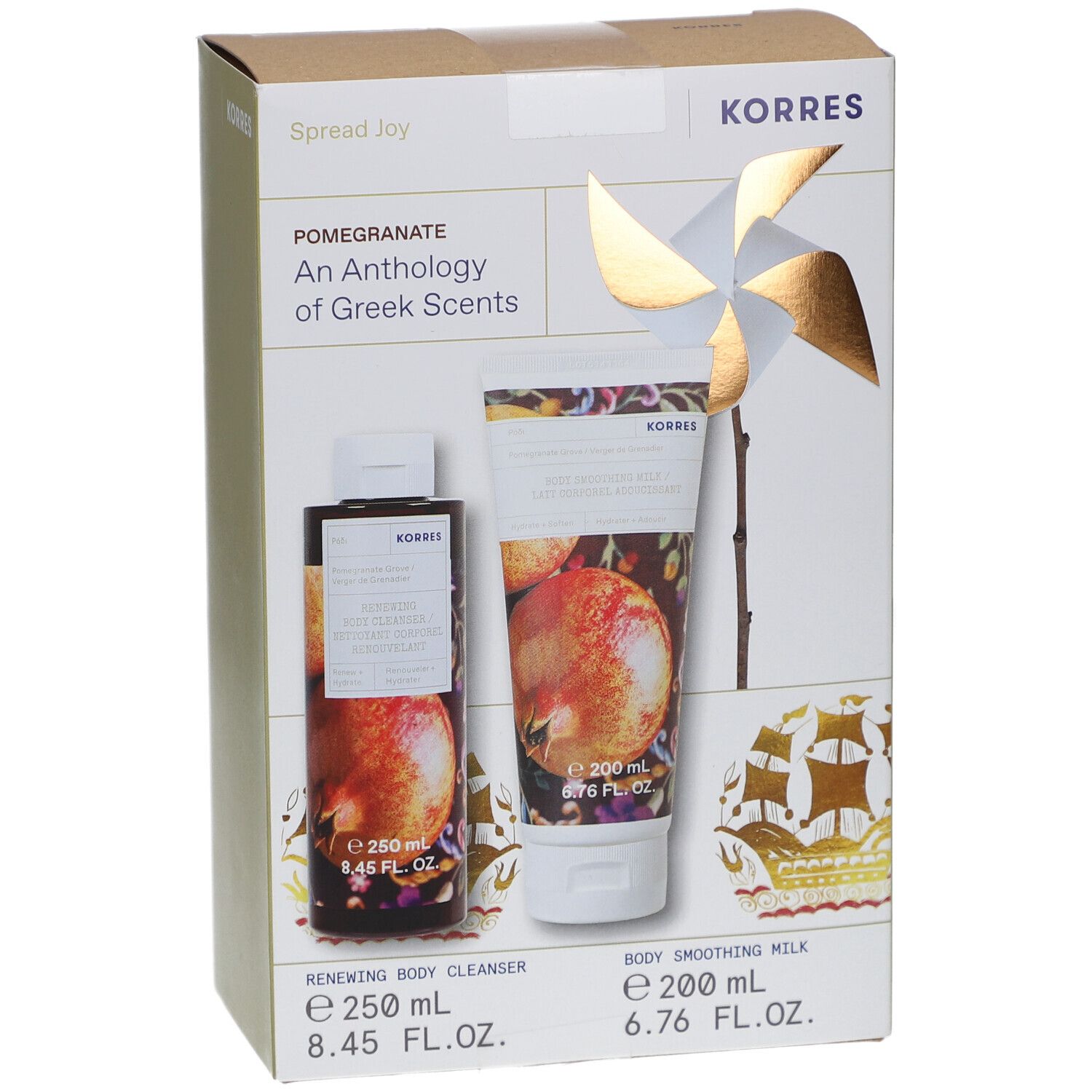 Coffret cadeau KORRES Pomegranate. Contient une bouteille et un tube. Motif grenade. Décoration moulin à vent.