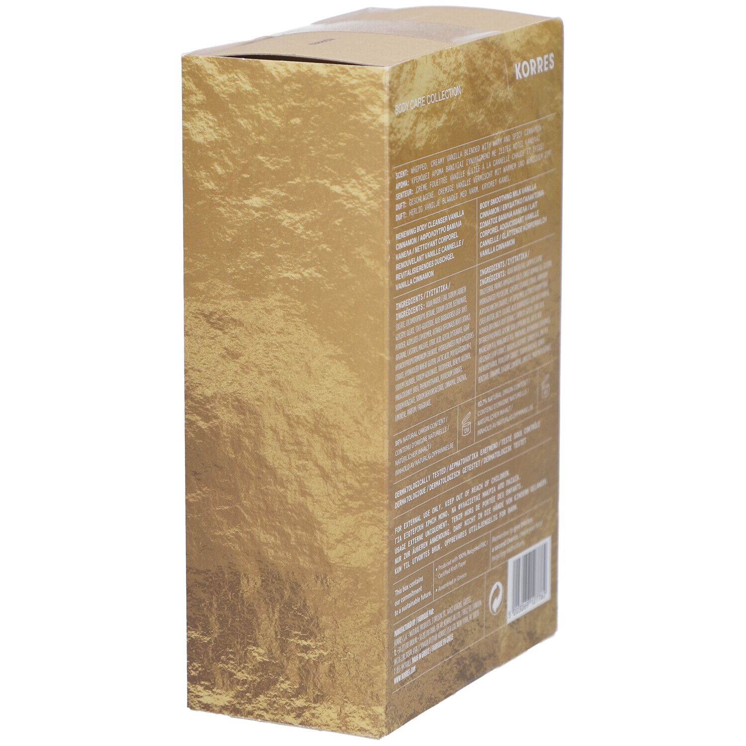 Vue latérale du coffret en carton doré. Texte avec informations. Marque KORRES.
