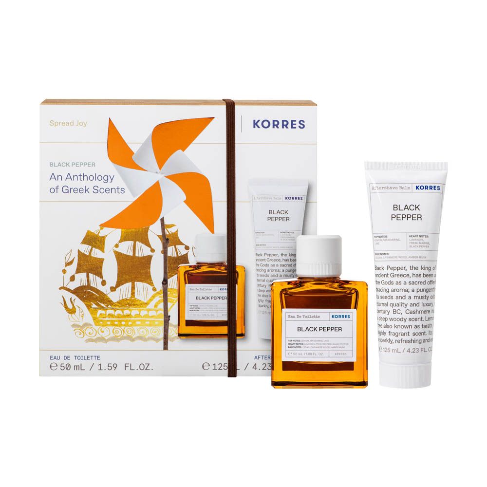 Coffret cadeau Korres. Contient eau de toilette, baume après-rasage et emballage. Logo et noms de produits visibles.