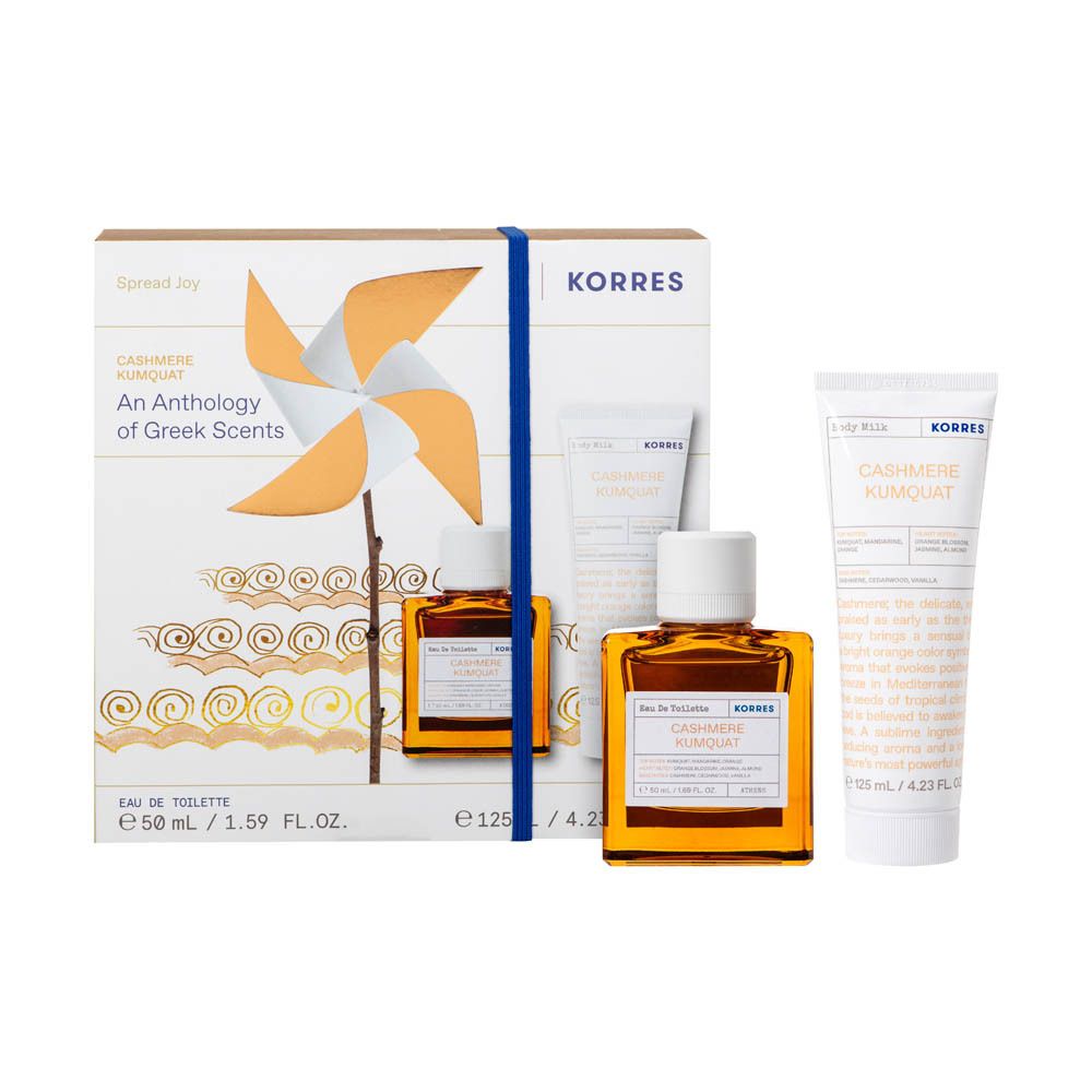 Coffret cadeau Korres avec eau de toilette, lait corps et une bouteille supplémentaire. Inscription: Cashmere Kumquat. Avec moulin à vent.